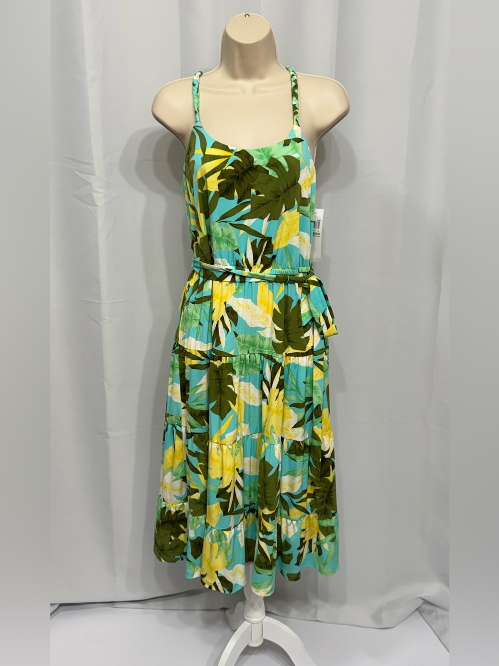 London Times Women’s Green Aqua Tropical Spaghetti Straps Fit & Flare Dress 8P